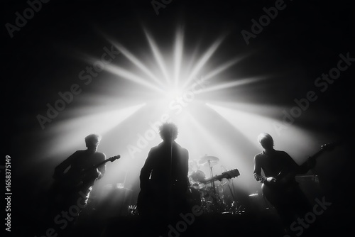 Silhouetted musicians playing under stage lights high resolution picture