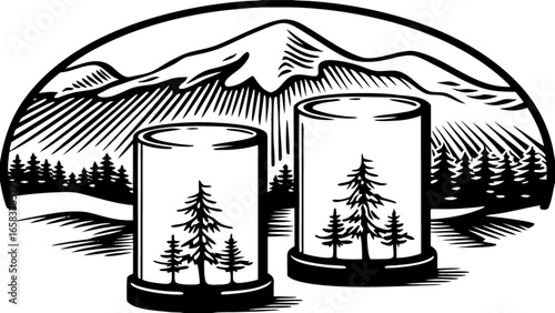 Black and white mountain landscape with pine trees in jars nature scene vector illustration design art