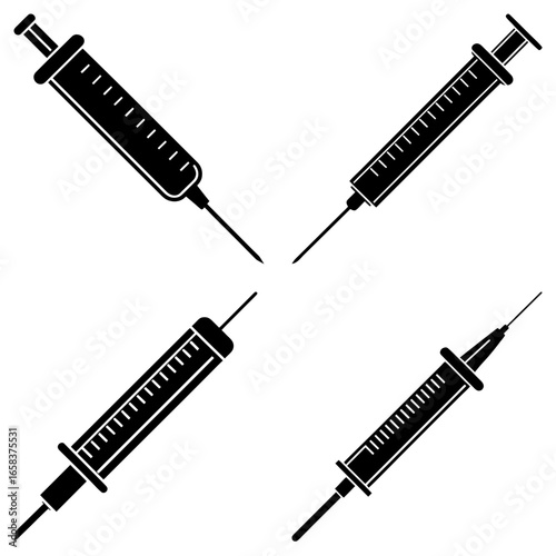 Four syringes in black and white with needles pointing towards the center of the frame in a pattern