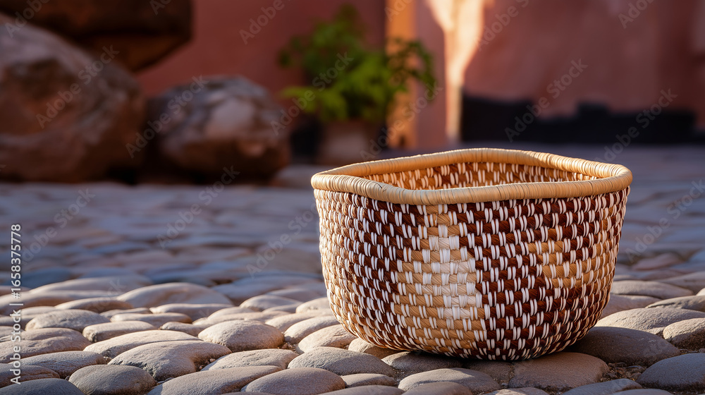 Obraz premium Woven basket in a cultural market with natural light and cobblestones