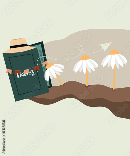 Flat Design Daisy Illustration with Book at Flowers Background and Pont