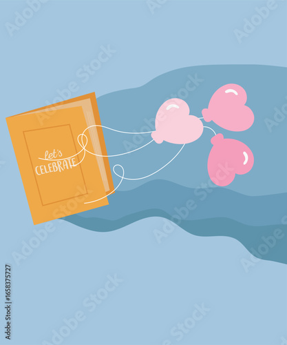 Flat Design Let'Celebrate Illustration with Book at Balloons Background and Pont