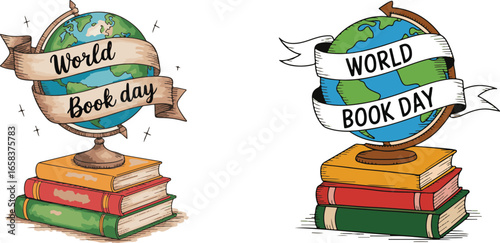World Book Day Illustration with Globe and Stacked Books for Reading Promotion