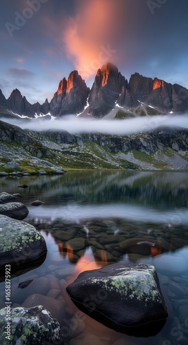 Golden sun reflects off a glassy lake as it sets behind a snowy mountain peak