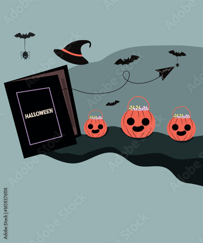 Flat Design Halloween Illustration with Book at Pumpkins, Magic Hat, Bat Background and Pont