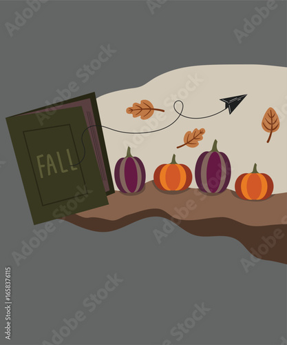 Flat Design Fall Illustration with Book at Pumpkins ,Leaves Background and Pont