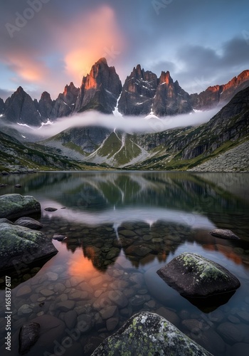 An ethereal sunrise casts a golden glow over a Norwegian mountain lake, reflecting the majestic snow-capped peaks and the breathtaking beauty of the surrounding nature