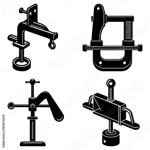 Illustration of four different types of metal clamps used in woodworking and metalworking projects tool