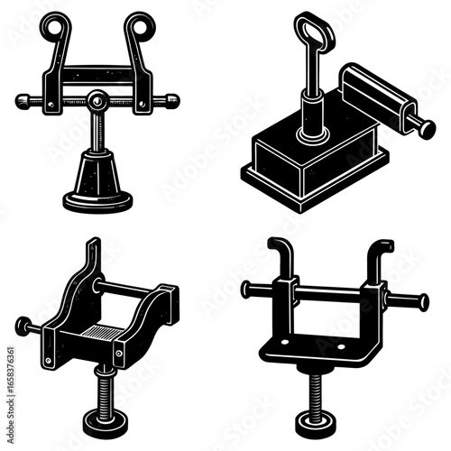 A collection of four vintage style illustrations of various mechanical vises and clamping mechanisms tools