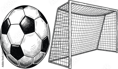 "Black and White Illustration of a Soccer Ball and Goalpost, Perfect for Sports, Soccer, and Athletic Designs, Artwork"