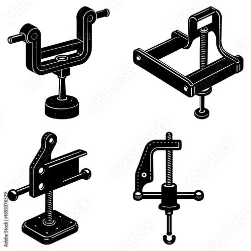 Illustration showcasing four distinct types of metal clamps in a detailed black and white drawing style