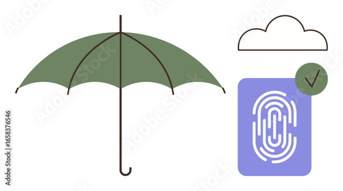 Green umbrella, fingerprint on digital pad, cloud icon, and checkmark signify protection, identity, safety, privacy, technology cloud storage and security. Ideal for trust insurance
