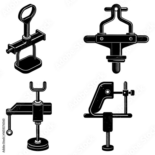 Illustration of four different types of vintage clamps used for woodworking and metalworking tasks tools