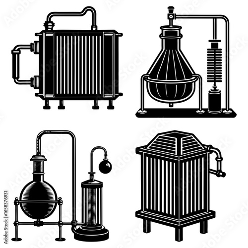 Illustration of four different types of vintage chemical apparatus in black and white style art
