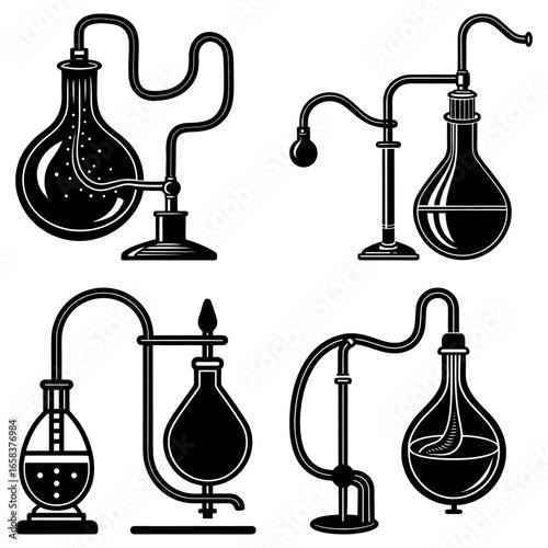 Four chemical distillation apparatuses with flasks and connecting tubes in black and white illustration