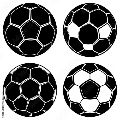 Four soccer balls with black pentagons and white hexagons arranged in a circular pattern design style