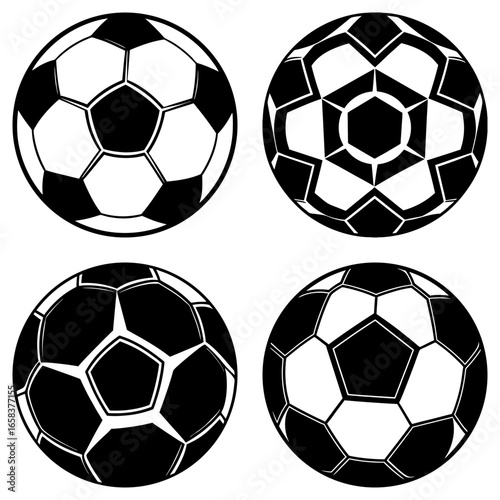 Four soccer balls with varied designs featuring black and white patterns in a circular arrangement style