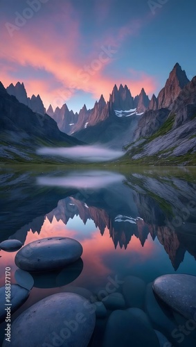 Snowy mountain peaks reflect in the calm lake at sunset