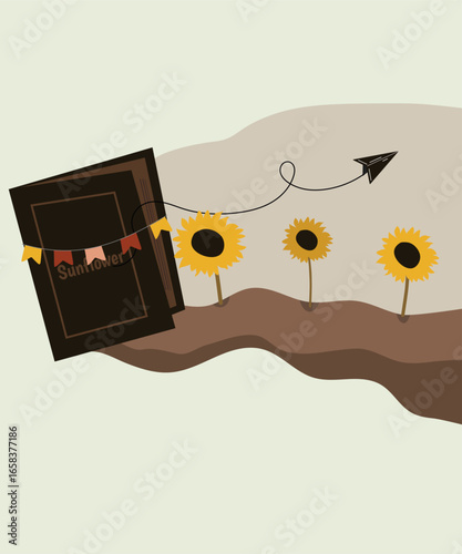 Flat Design Illustration with Book at Sunflowers Background and Pont
