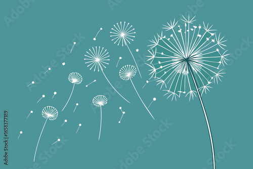 Elegant dandelion artwork featuring delicate white floral elements blowing in the gentle breeze on a teal background