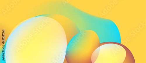 Abstract fluid shapes blend, creating vibrant yellow, blue, orange gradients. Smooth transitions suggest movement, depth. Minimalist design.