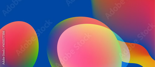 Abstract colorful shapes overlap. Vibrant gradients create smooth transitions between pink, blue, green hues. Modern design element.