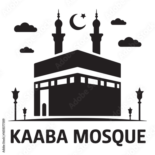 Islamic pilgrimage and religious symbols Kaaba mosque. Vector black silhouette. with white background