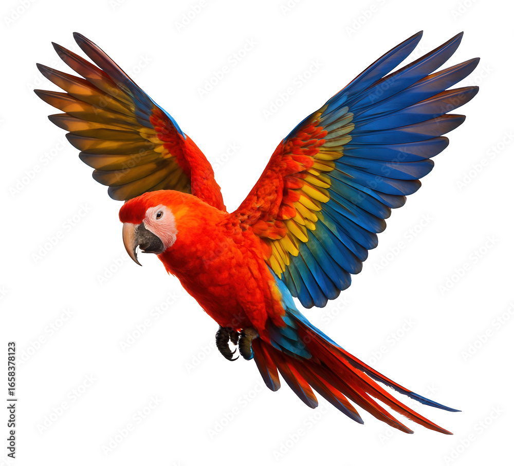 Fototapeta premium Colorful Scarlet Macaw parrot in flight.