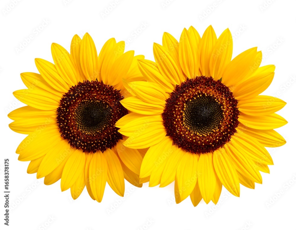 Fototapeta premium Two vibrant sunflowers against white