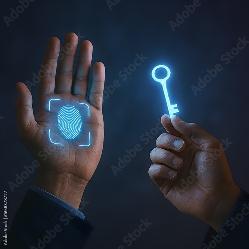 Biometric security concept with digital fingerprint scan and key icon, representing data protection, cyber access control, secure login, identity verification, and modern technology