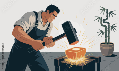 Blacksmith shaping hot metal with hammer in workshop illustration featuring sparks and traditional craftsmanship and a bamboo plant