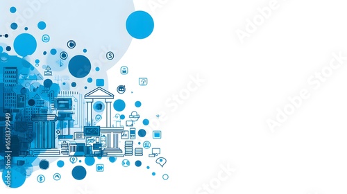 Conceptual illustration of financial technology and digital banking with a network of business and communication icons on a white background