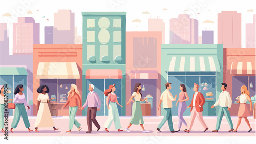 Diverse group of people walking in front of colorful storefronts