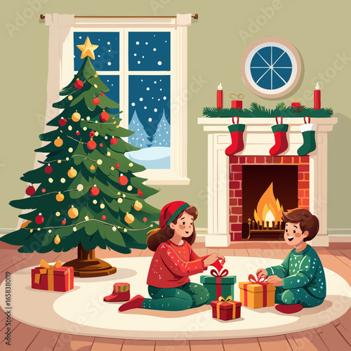 Children happily opening christmas presents by the fireplace