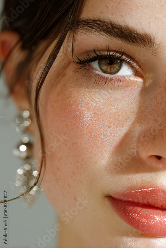A woman with brown hair and green eyes is wearing earrings and has a shiny