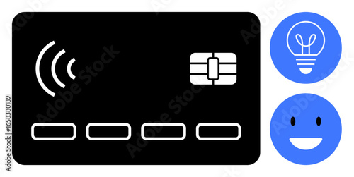 Black contactless credit card with chip and NFC waves, alongside a lightbulb icon and smiling face. Ideal for technology, finance, innovation, payment safety, creativity, positivity, simple landing