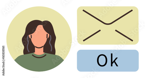 Person portrait, envelope icon signifying email, and confirmation message Ok. Ideal for communication, messaging, notification, contact, online interaction, customer service digital correspondence