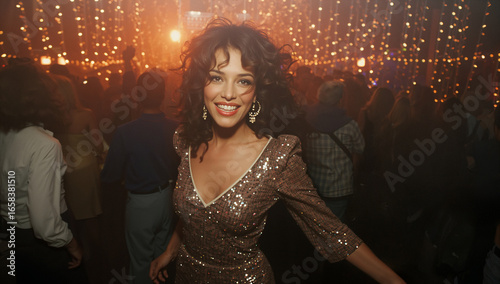 Donna sorridente che balla in discoteca con luci colorate e atmosfera di gioia meravigliosa anni 70