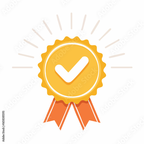 Certified Quality Medal Icon with Check Mark and Ribbon for Success and Guarantee