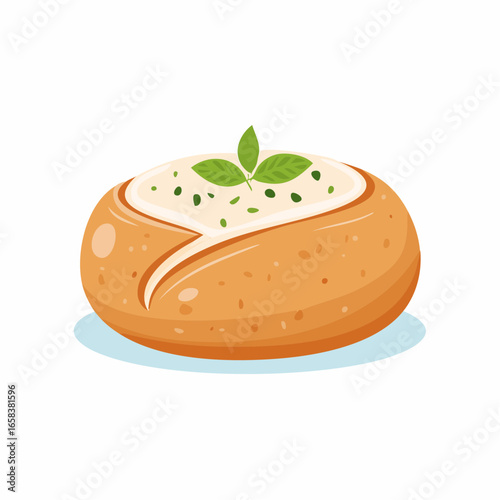 Cartoon Bread Bowl Vector with Creamy Soup and Basil Topping Food Illustration