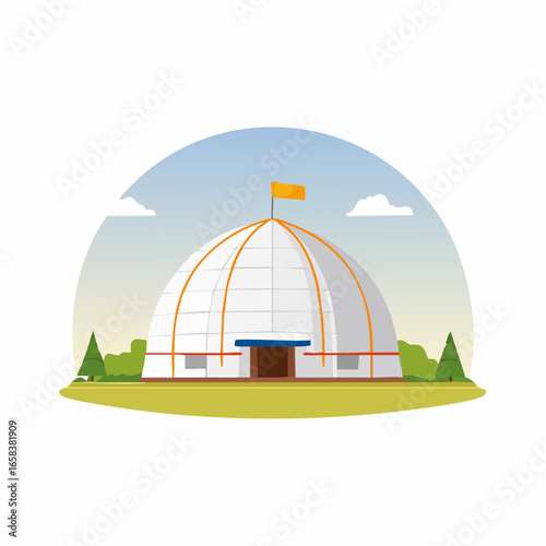 Traditional Nomadic Yurt Vector Illustration on Green Field with Flag and Sky View