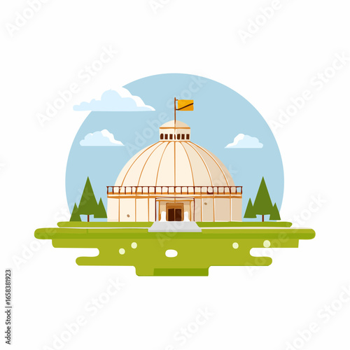 Modern flat design illustration of a traditional Central Asian yurt or ger building with a flag and trees