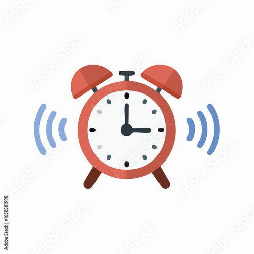 Retro Red Alarm Clock Ringing with Sound Waves, Cartoon Flat Vector Illustration