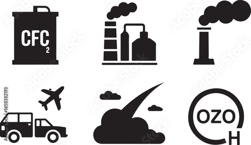 Ozone Depletion Icons Set Illustrating Environmental Pollution and Climate Change
