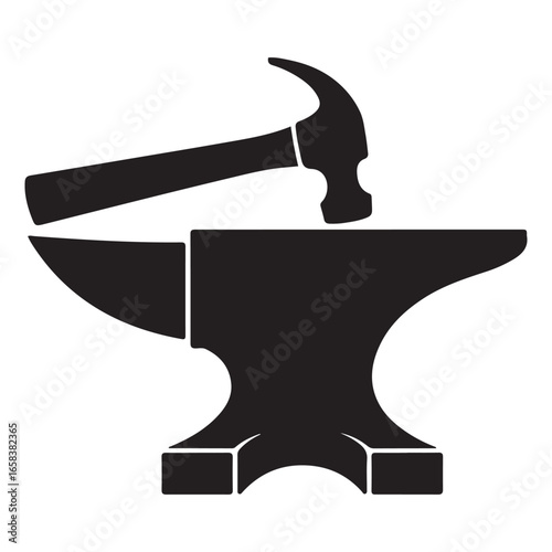 Black Silhouette Anvil and Hammer Metalworking Tool Icon Graphic Design Element. Vector black silhouette. with white background