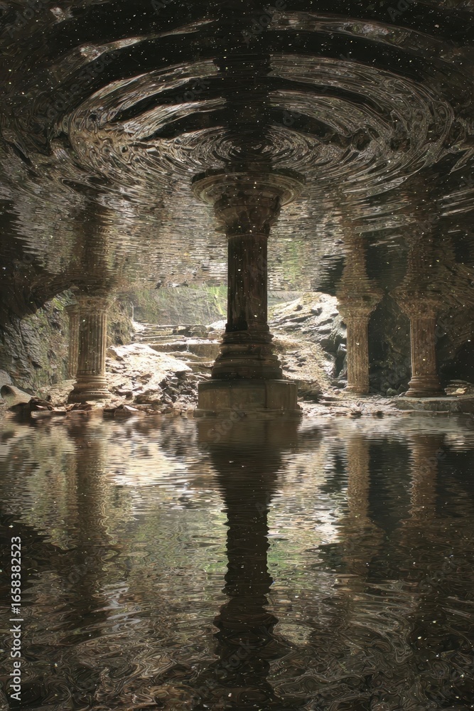 Naklejka premium Sunken Temple Ruins: Columns Reflected in Water, Ethereal Light