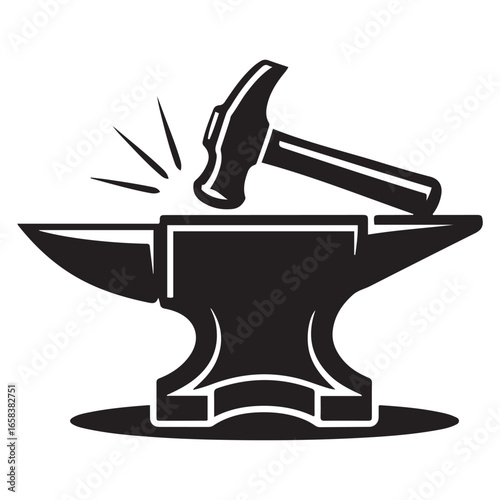 Black Silhouette Anvil and Hammer Metalworking Tool Icon Graphic Design Element. Vector black silhouette. with white background