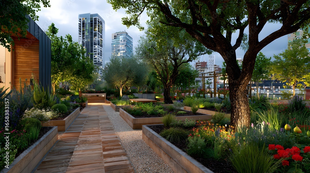 Fototapeta premium Lush Urban Garden Pathway Surrounded by Vibrant Flowers and Trees in Evening Light