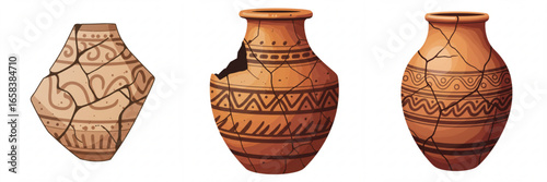 Set of three illustrations - ancient ceramic jugs with decorative patterns and cracks and a fragment of a vase, for archaeological research, historical education and promotion of cultural heritage 