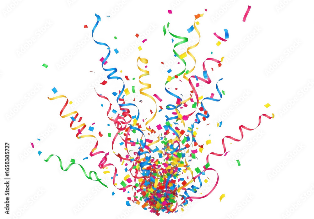 Fototapeta premium Colorful confetti streamers exploding on black background celebration